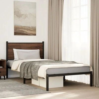 Paveikslėlis vidaXL Metal Bed Frame without Mattress Brown Oak 107x203 cm