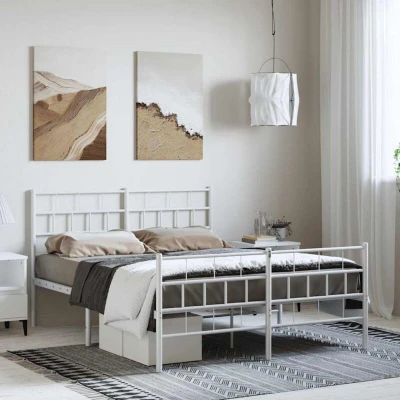 Paveikslėlis vidaXL Metal Bed Frame without Mattress with Footboard White 150x200cm