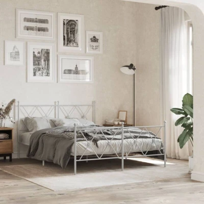 Paveikslėlis vidaXL Metal Bed Frame without Mattress with Footboard White 140x190cm