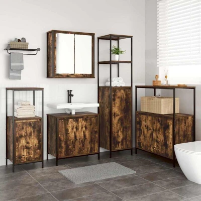 Paveikslėlis vidaXL Bathroom Furniture Set with Shelf 5 pcs Smoked Oak and Black