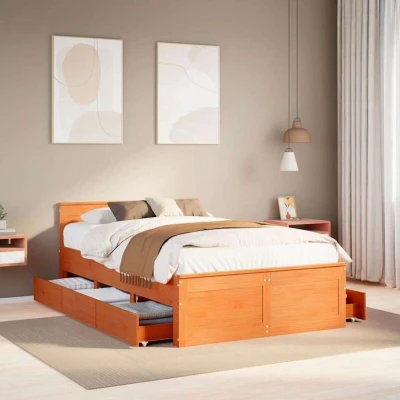 Paveikslėlis vidaXL Bed Frame without Mattress with Headboard Wax Brown 120x190 cm Small Double Solid Wood Pine
