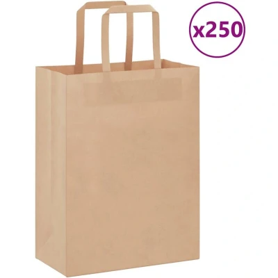Paveikslėlis vidaXL Paper Bags 250 pcs with Handles Brown 21x11x28 cm