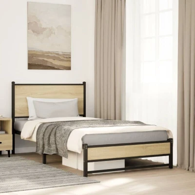 Paveikslėlis vidaXL Metal Bed Frame without Mattress Sonoma Oak 100x190 cm