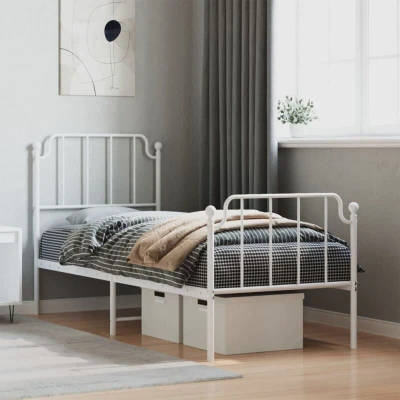 Paveikslėlis vidaXL Metal Bed Frame without Mattress with Footboard White 75x190cm