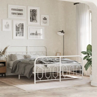 Paveikslėlis vidaXL Metal Bed Frame without Mattress with Footboard White 150x200cm