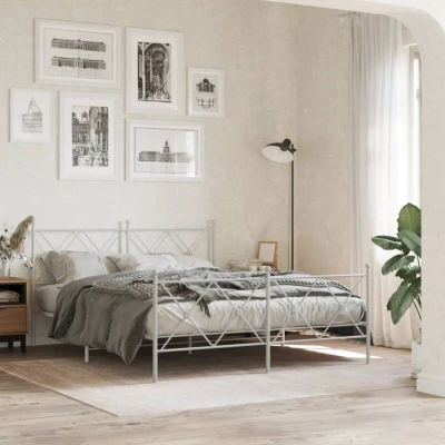 Paveikslėlis vidaXL Metal Bed Frame without Mattress with Footboard White 150x200cm